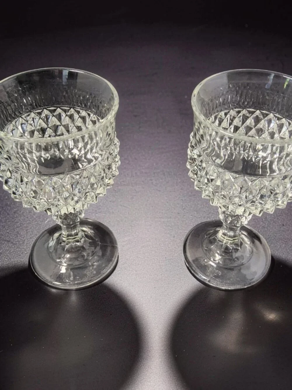 Vintage Set of 2 1960's Indiana Glass Diamond Point Clear Pedestal Wine Goblet.